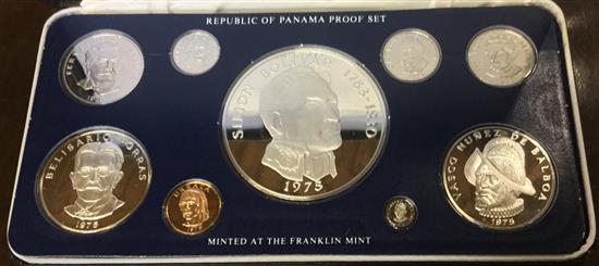 Two cased Panama sterling silver proof coin sets, and other coins